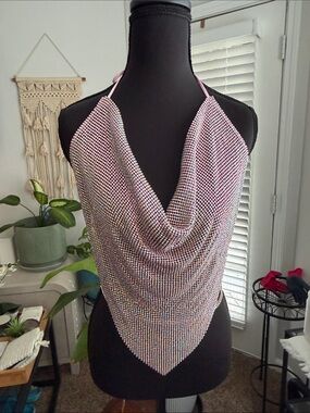 Iridescent Pink Rhinestone Halter Chain Top
